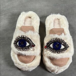 Faux Fur Eye Embellished Slippers - Cream Womens size 6